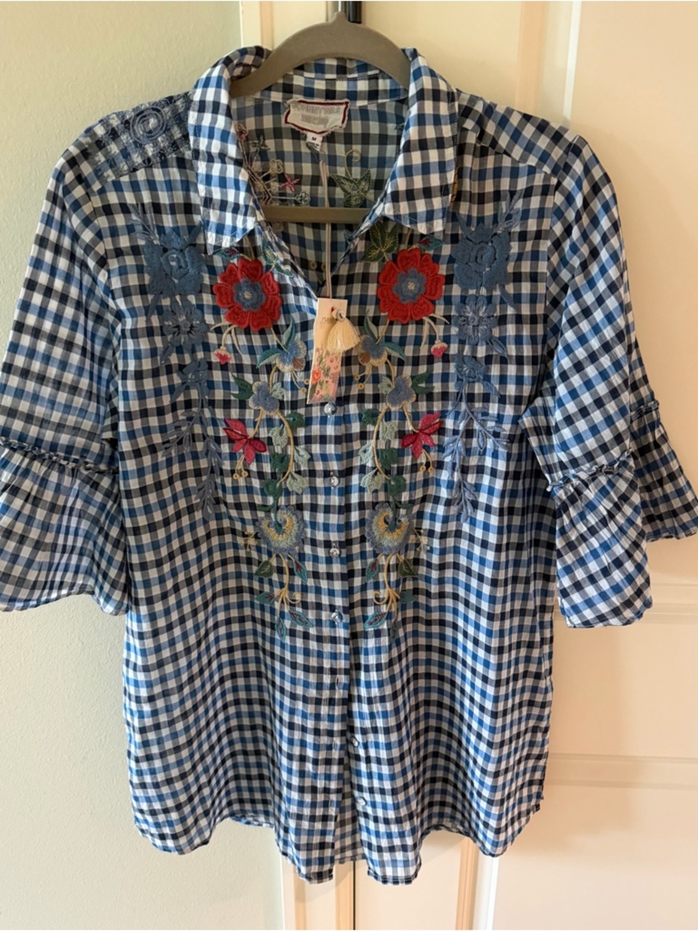Johnny Was Taryn Blue and White Embroidered Shirt with Red Floral Accents